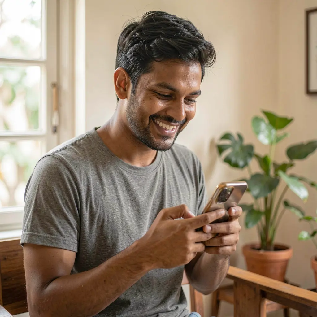 Bangladeshi player smiling while using the 9W999 casino app on a smartphone in a bright and comfortable home setting
