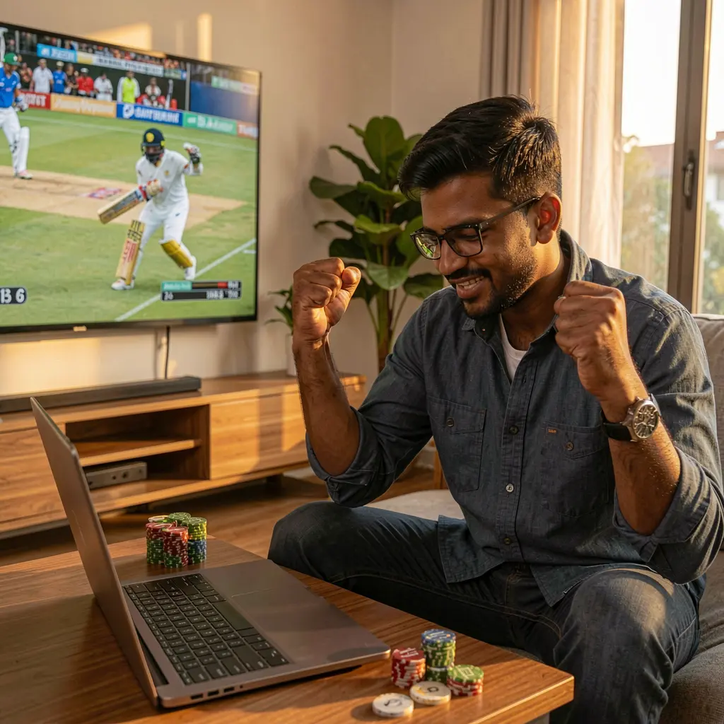 Excited Bangladeshi sports fan celebrating a winning moment while betting online on a laptop with live cricket action on TV behind using 9W999