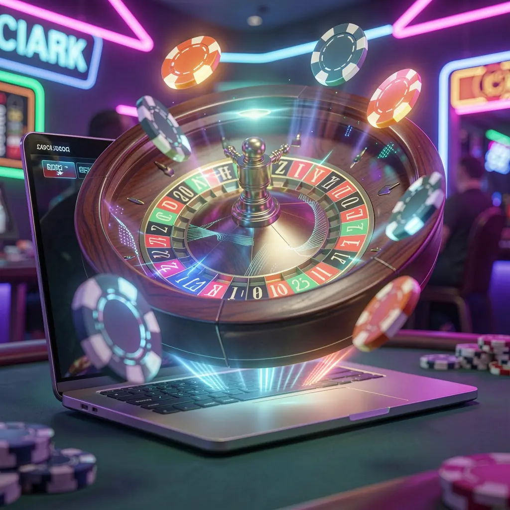 Modern laptop with a glowing roulette wheel and floating casino chips showcasing high tech online gaming at 9W999 in Bangladesh