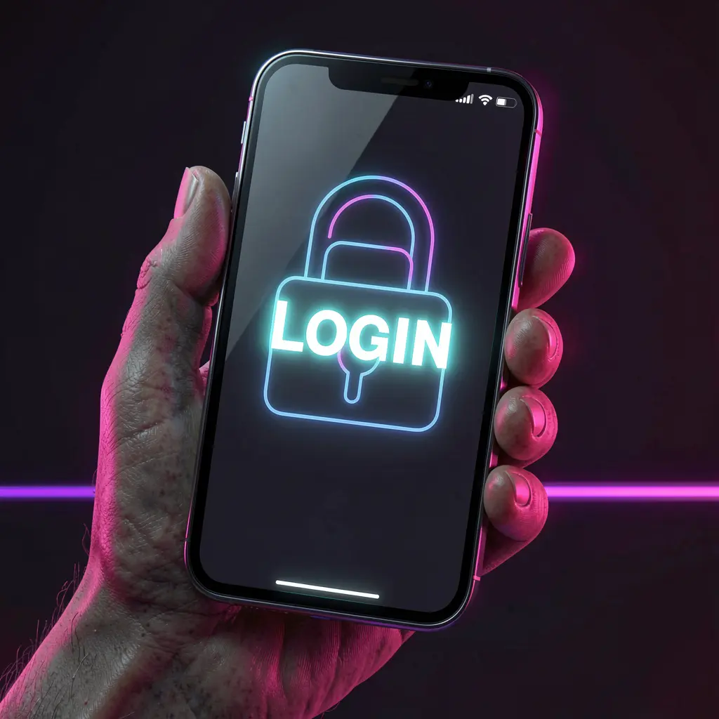 Modern smartphone with a bright login screen held in a hand against a dark background representing safe and fast access to the 9W999 casino account for Bangladesh users