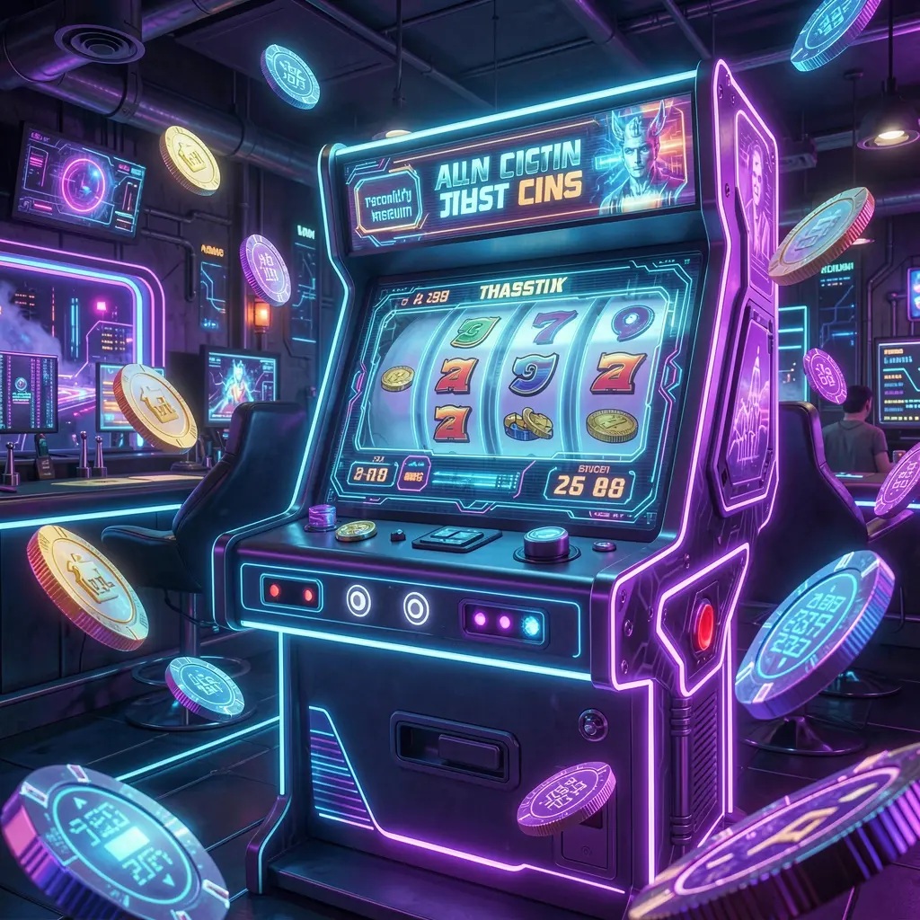 Futuristic holographic slot machine with glowing reels and flying casino chips showcasing the high tech gaming atmosphere of 9W999 online casino in Bangladesh